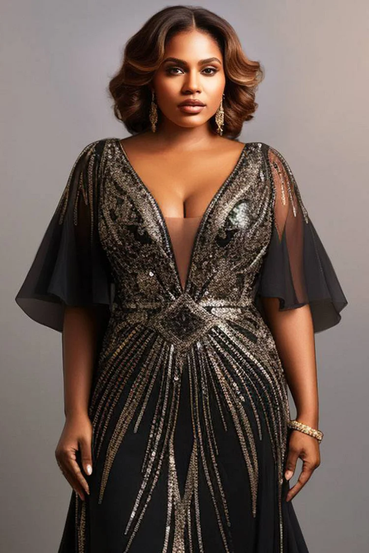 Xpluswear Design Plus Size Mother Of The Bride Black Graphic V Neck Short Sleeve Sequin Elegant Maxi Dresses [Pre-Order]
