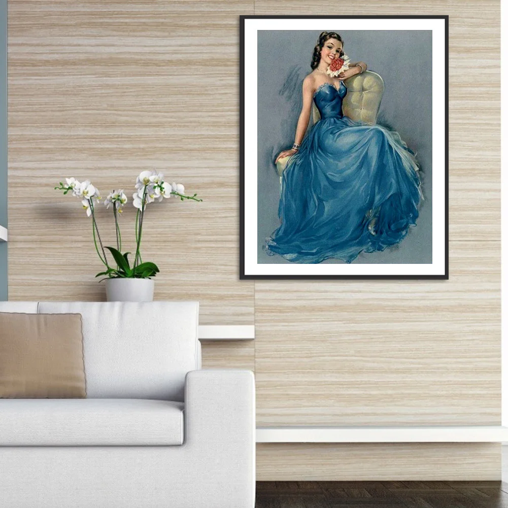 Full Round Diamond Painting 30*40cm - Woman In Blue Dress
