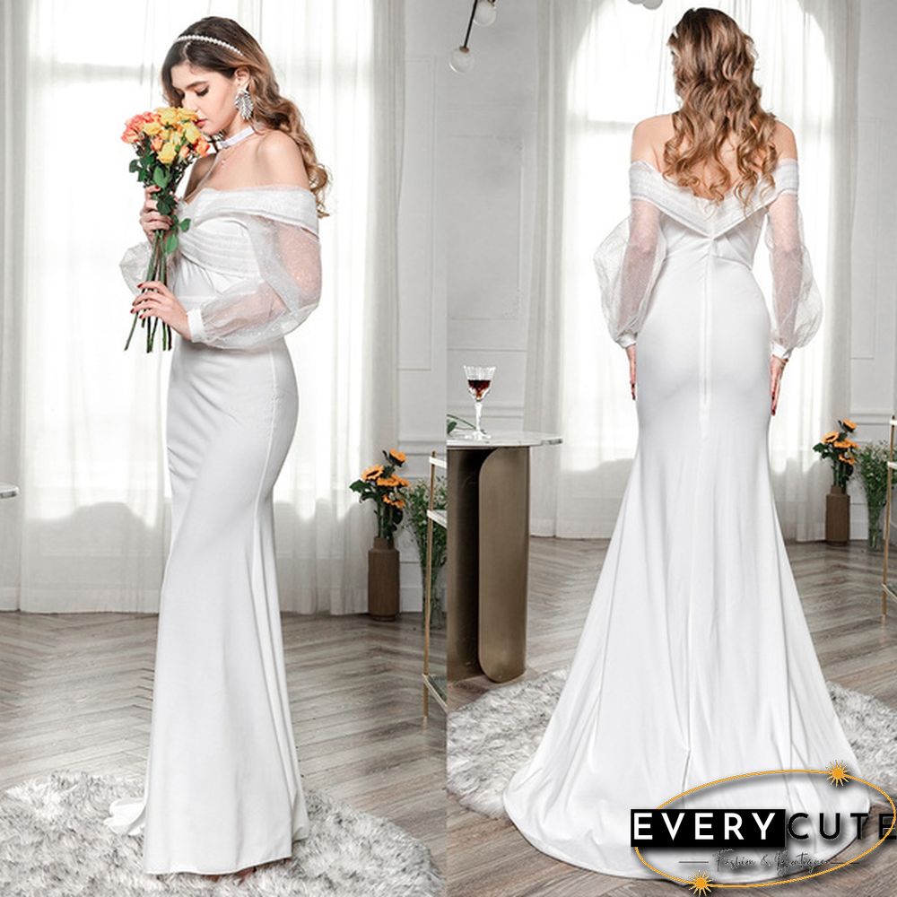 Women Fashion Evening Party Solid Color Drop Shoulder Wedding Dress