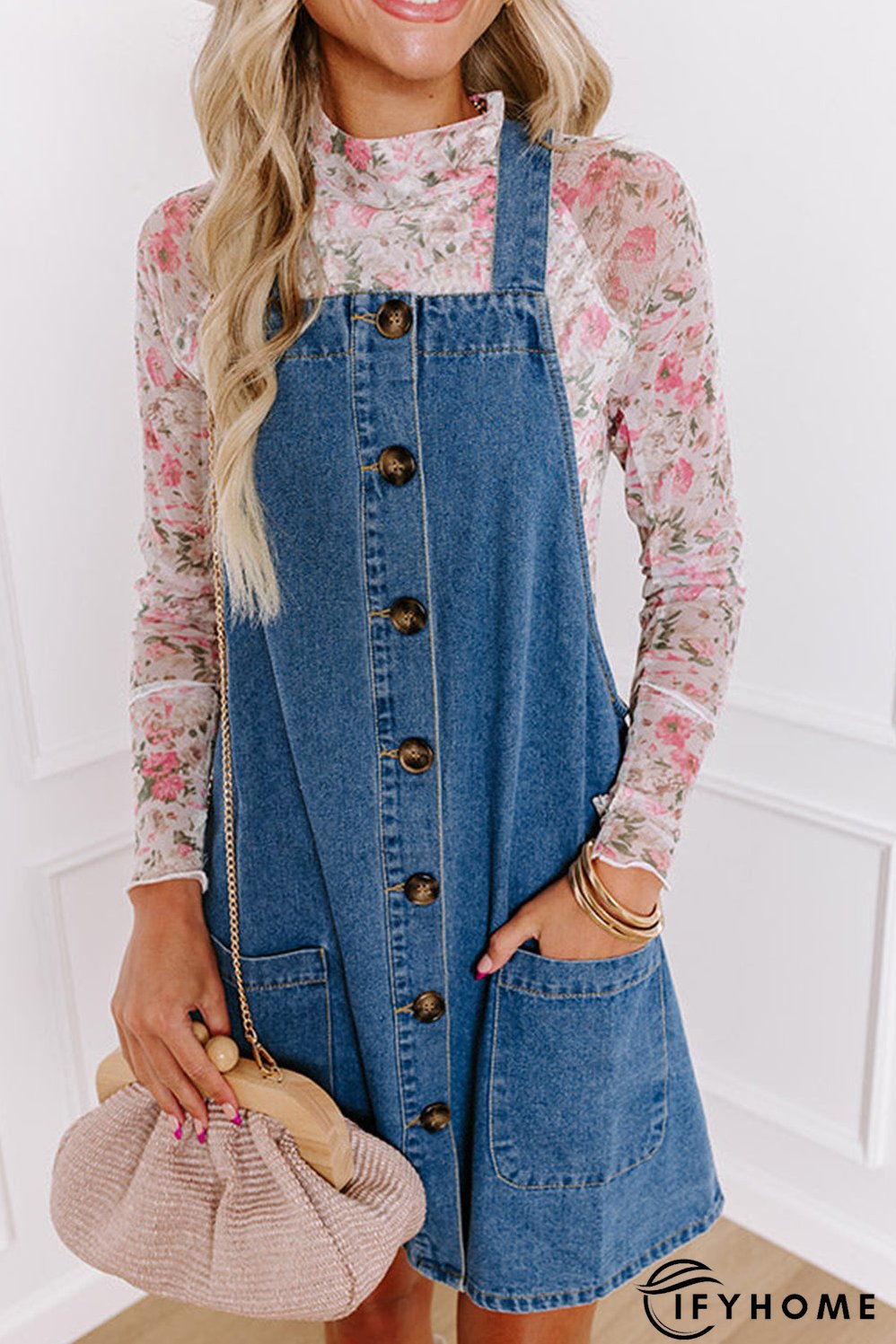 Dusk Blue Wide Strap Button Front Pocketed Denim Mini Dress | IFYHOME