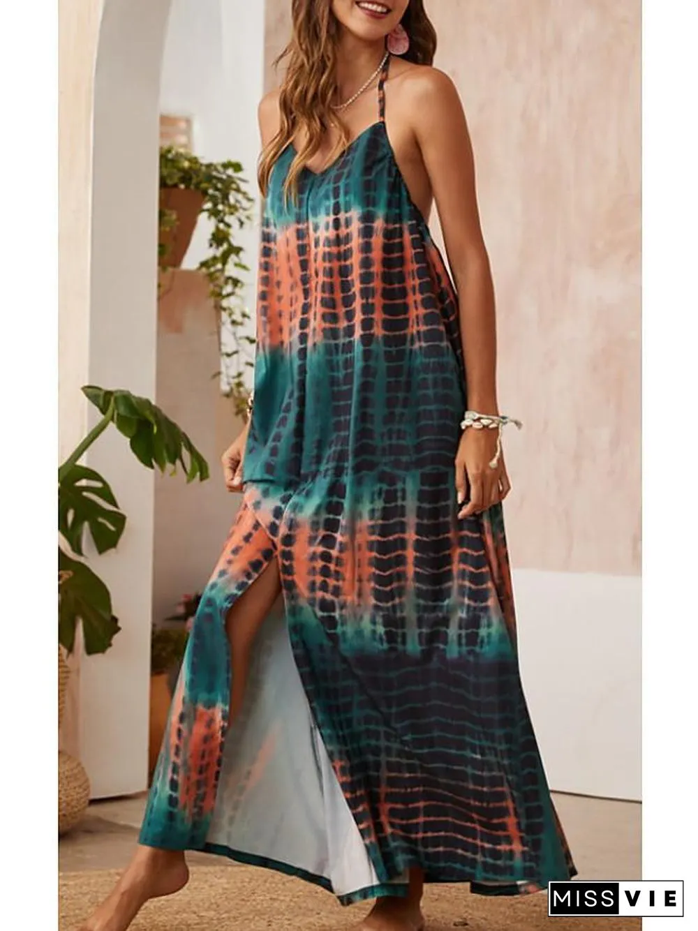 Women's Strap Dress Maxi long Dress Sleeveless Color Block Backless Summer Casual  Blue One-Size