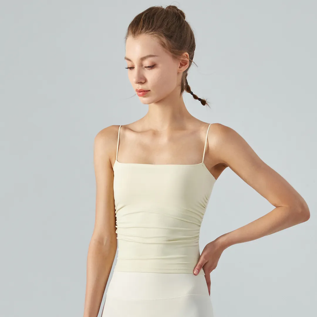 Buy Light Yellow women's high support ruched sides square neck nature skin friendly soft running vest with built in removable pads of high quality on Hergymclothing