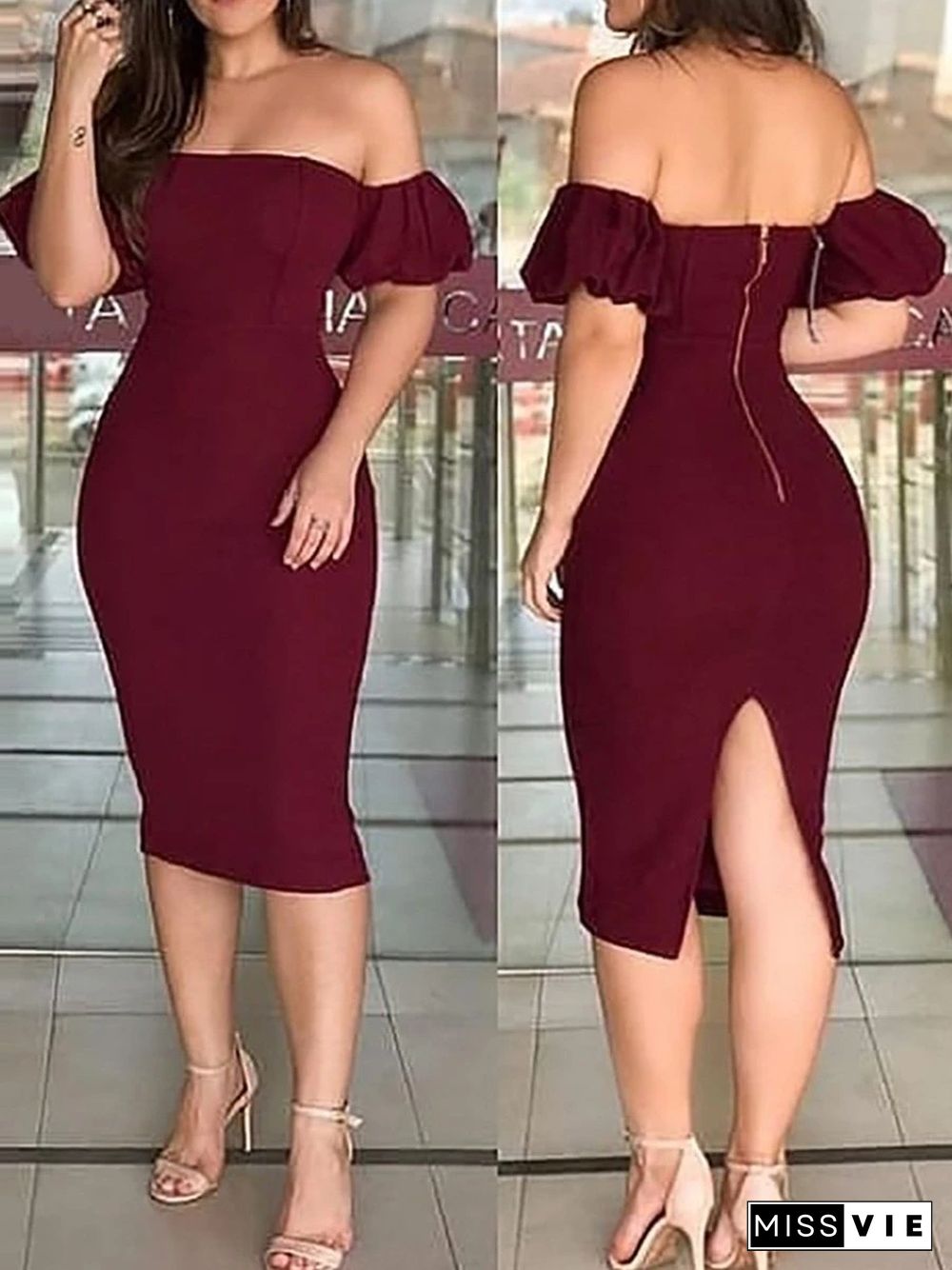 Off Shoulder Plain Zipper Design Back Slit Dress P13631