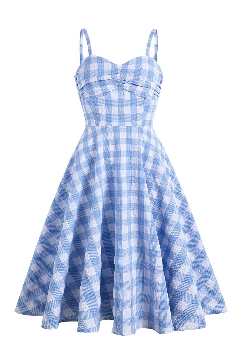 1950s Light Blue Party Plaid Cami Sweetheart Neck Sleeveless Midi Dress