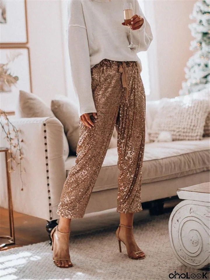 Fashion Sparkly Sequins Drawstring Casual Pants