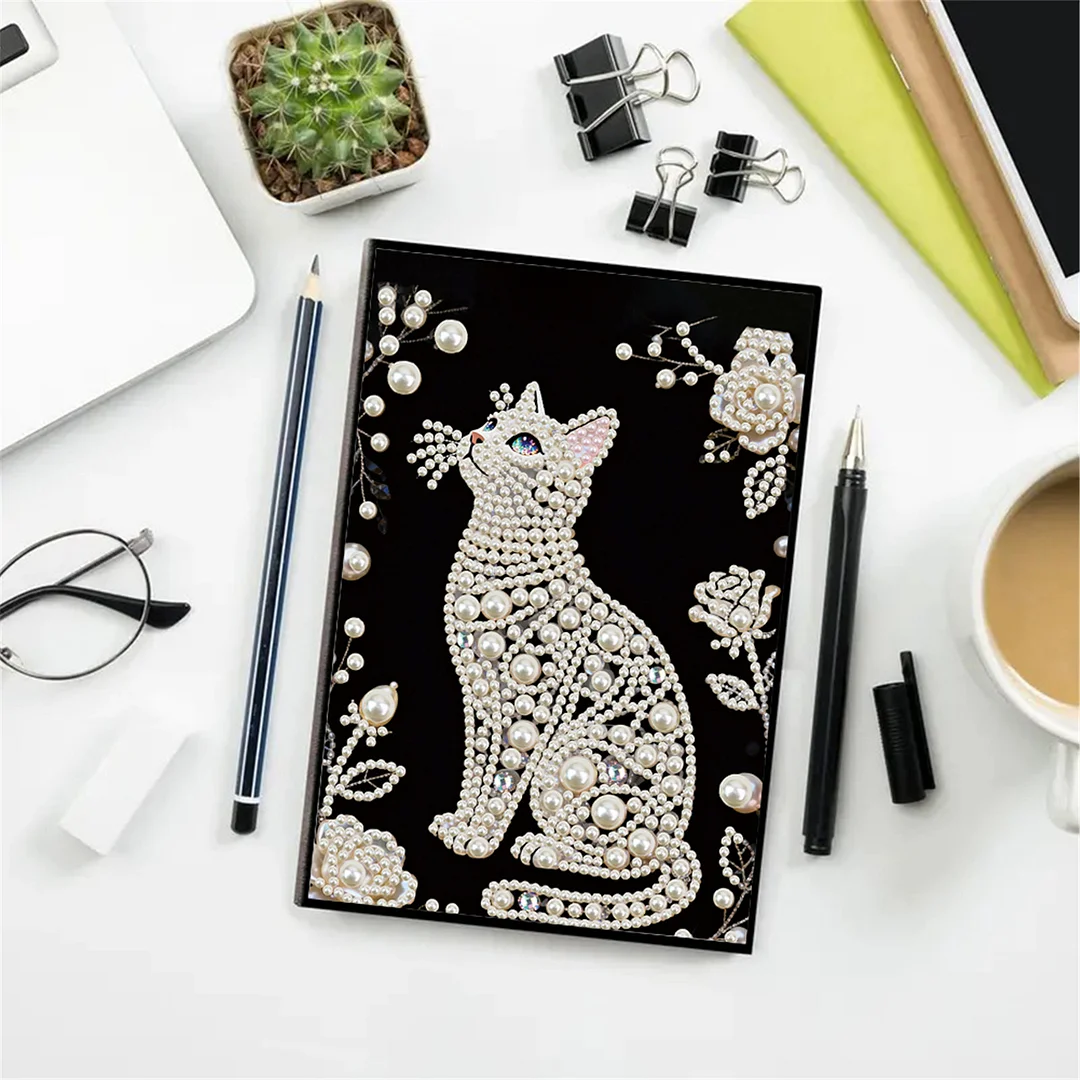 Flowers and Cat Partial Pearl DIY 50 Pages A5 Diamond Painting Notebook Special Shaped Diamond Art Diary Book Kits Wireless Strip 5D Crystal Art Paintings Sketchbook for Art Drawing