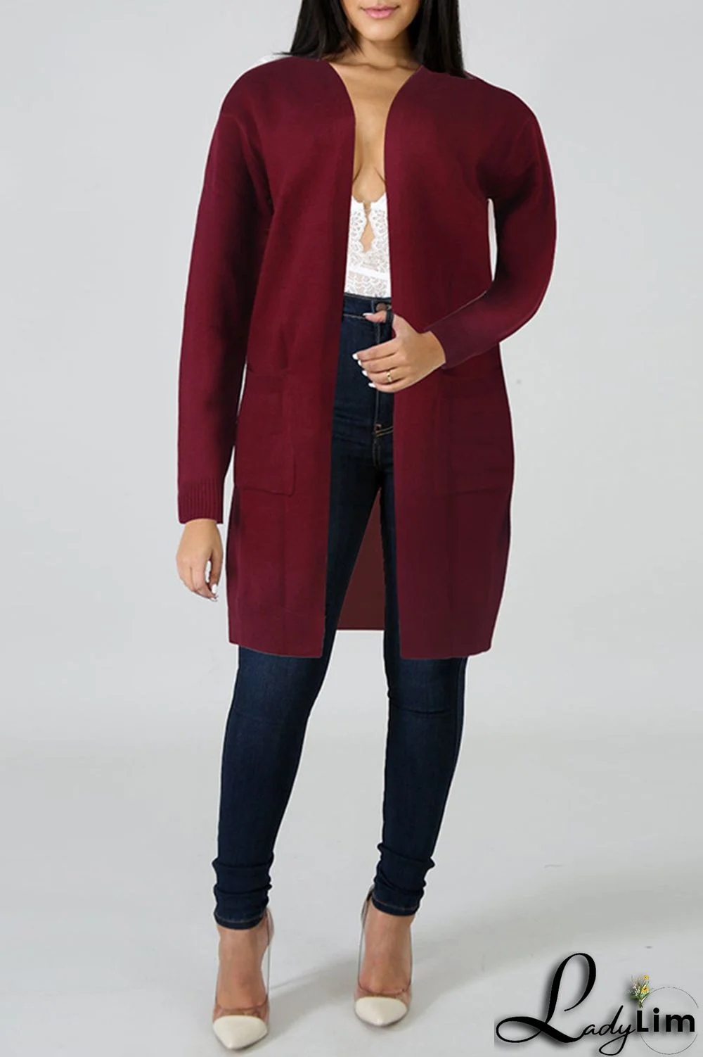 Burgundy Fashion Casual Solid Cardigan Outerwear