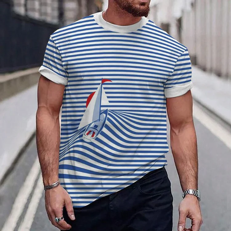 Men's Casual Striped Sailing Crew Neck T-Shirt 47021537TO