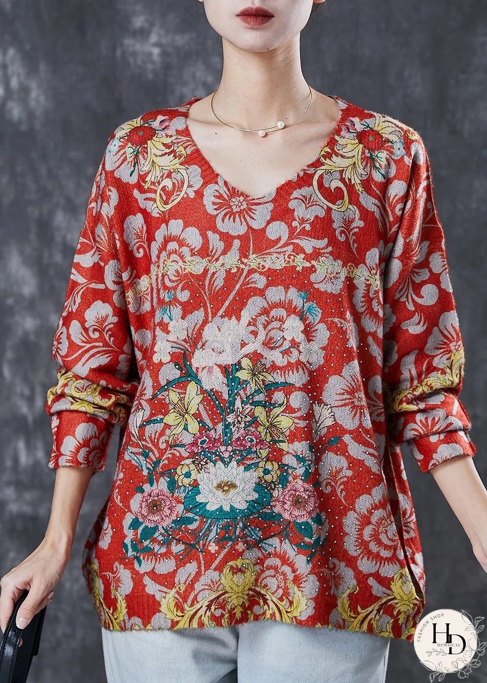 Women Red Oversized Floral Zircon Knit Sweater Spring