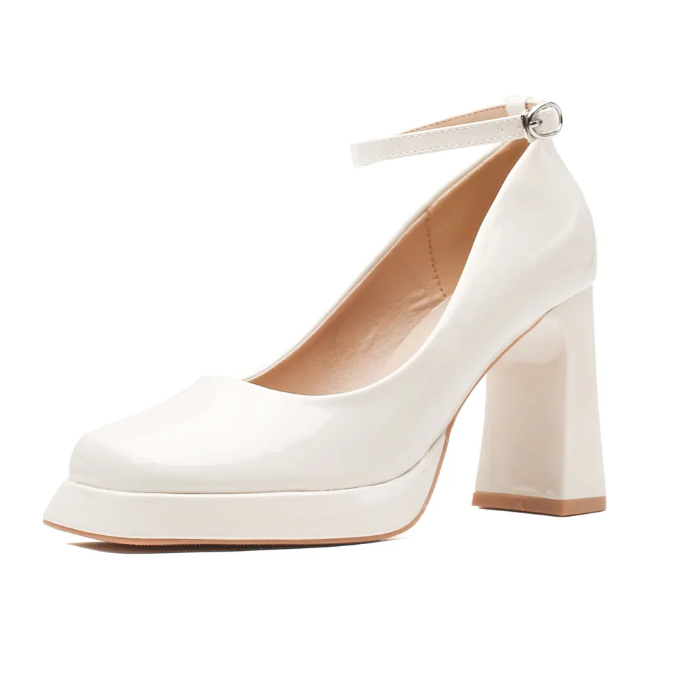 Churchf Churchf Shallow Mouth With Mary Jane Heels Square Head Waterproof Platform Patent Leather High Shoes Single Shoes One Word Buckle Women's Shoes