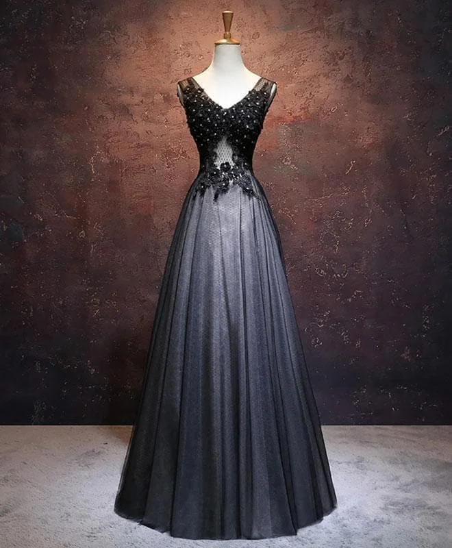 Blace V Neck Lace Tulle Long Prom Dress, Black Evening Dress