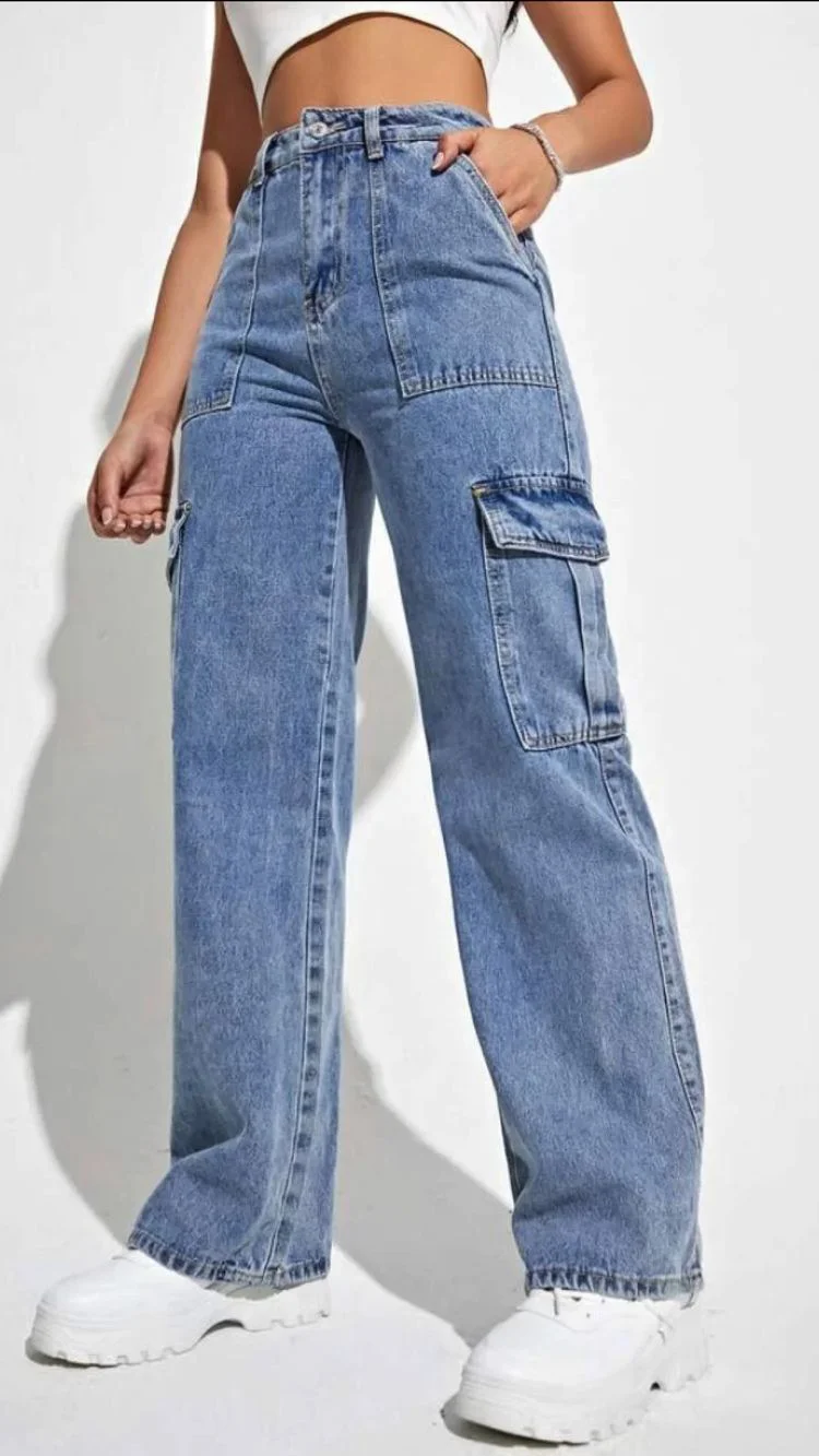 Women's Cargo Multi Pocket Straight Fit Denim Trousers