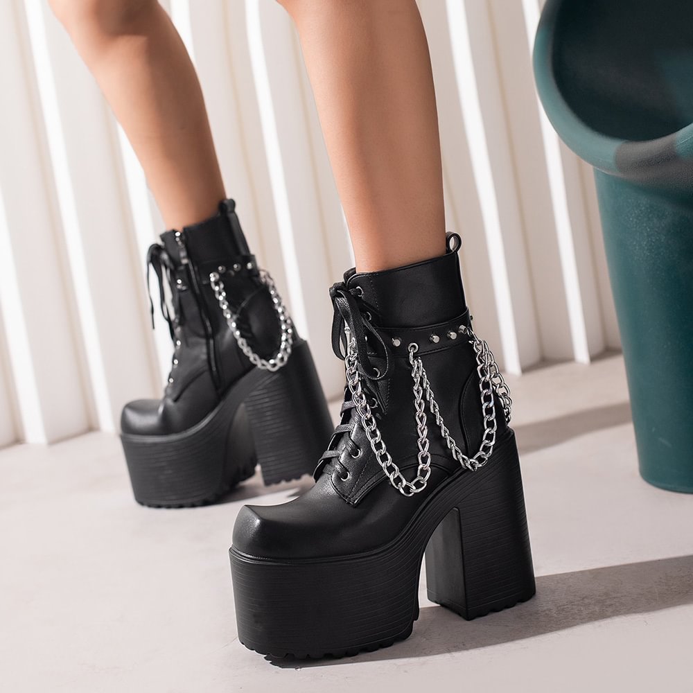 Black Leather Square Boots Tie Up Chunky Heels With Silver Chain Decors Nicepairs