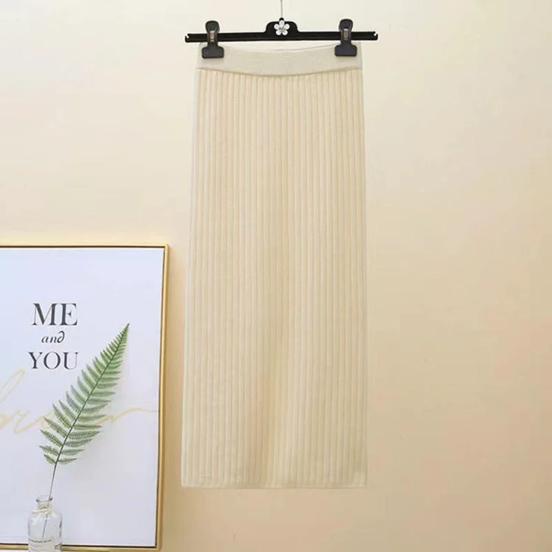 Zoki Winter Women Sweater Skirt New 2021 Knitted Midi Skirts Korean Elastic High Waist Elegant Autumn Split Fork Black Faldas