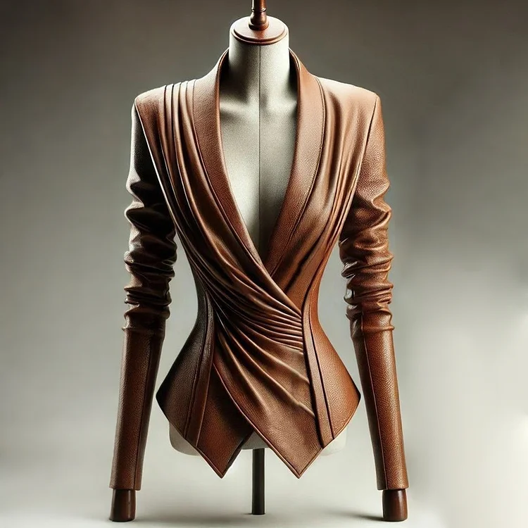 Ursime PU Leather Draped Deep V Neck Long Sleeve Blouse
