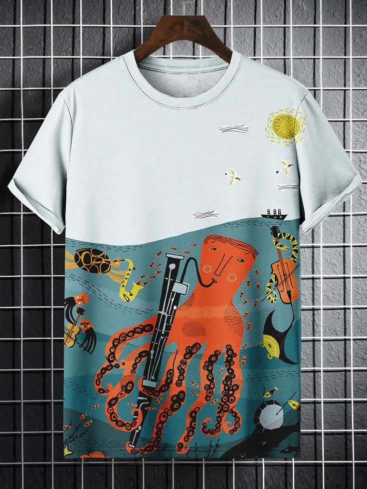Men's Sea World Octopus Music Band Art Print Casual T-Shirt