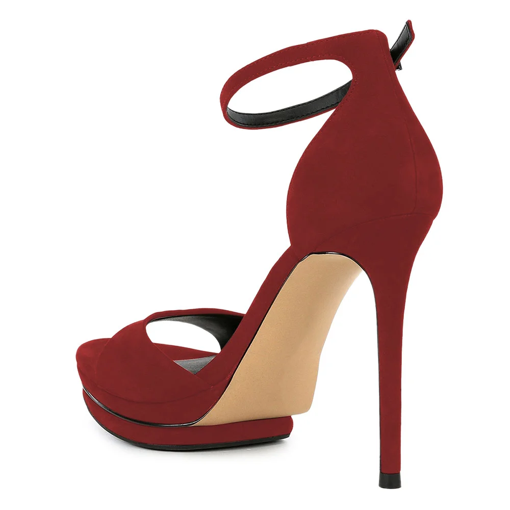 Red Vegan Suede Open Toe Ankle Strap Platform Women's Heel Sandals