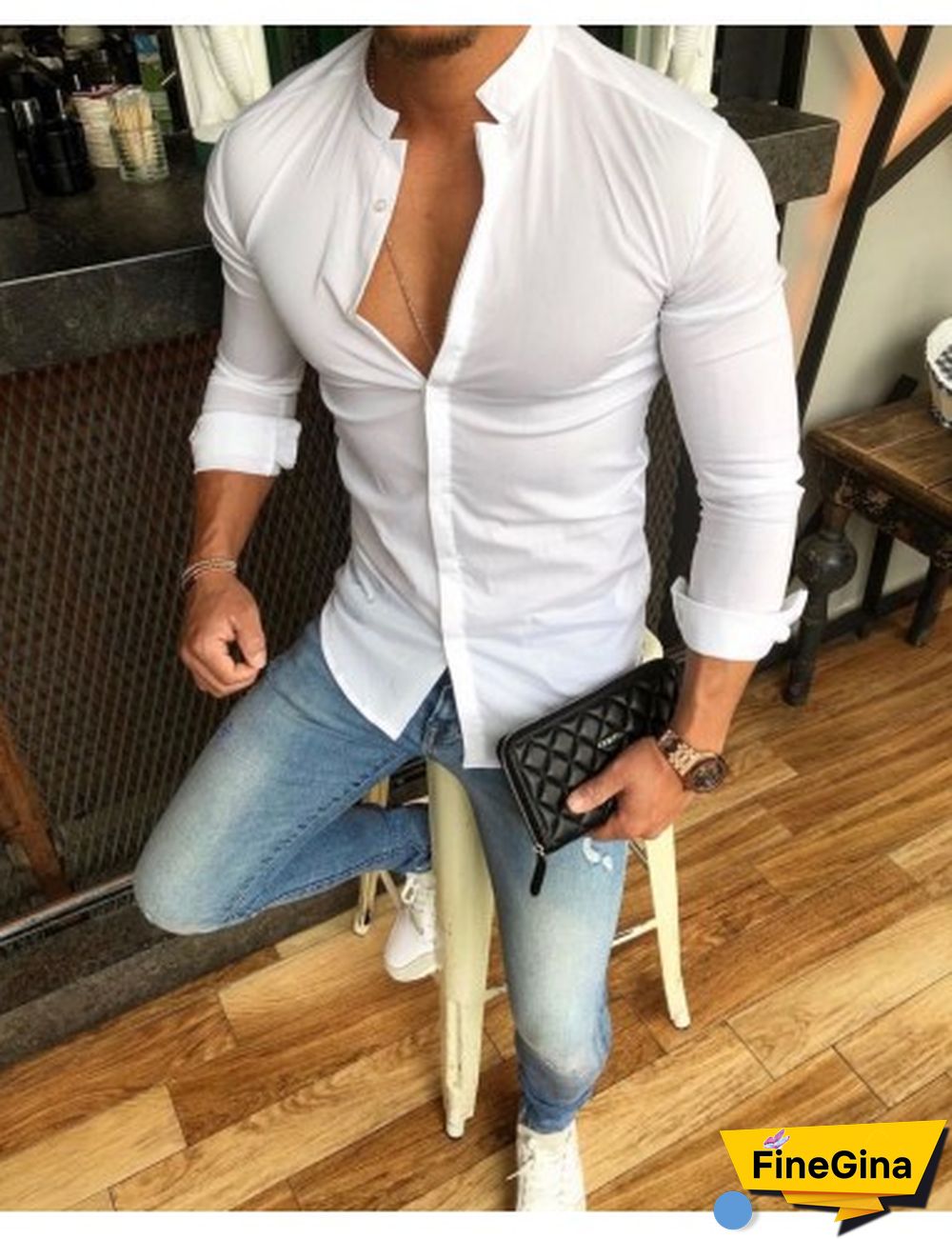 Men Long Sleeve Shirt Button Up Casual Top Male V-Neck Button Tee Shirts M-2XL