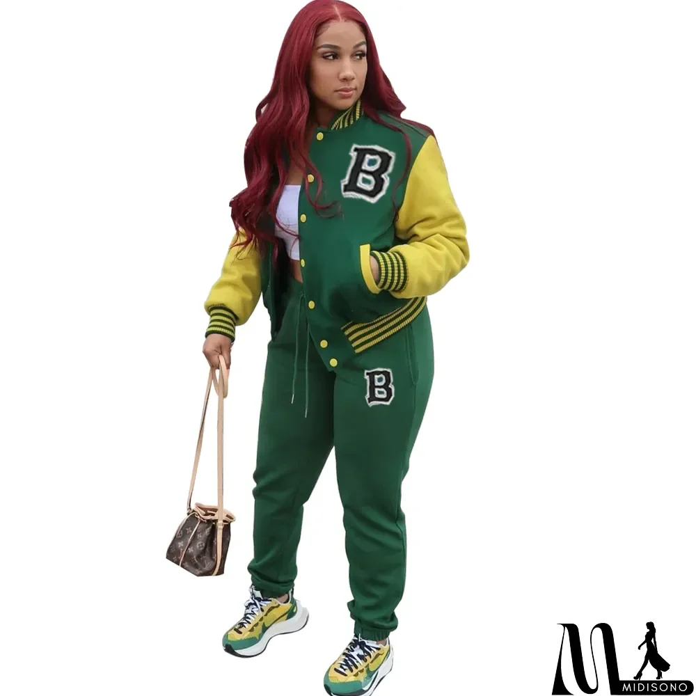 MidiSono - Women Letter Baseball Jacket and Pant Two-Piece Set