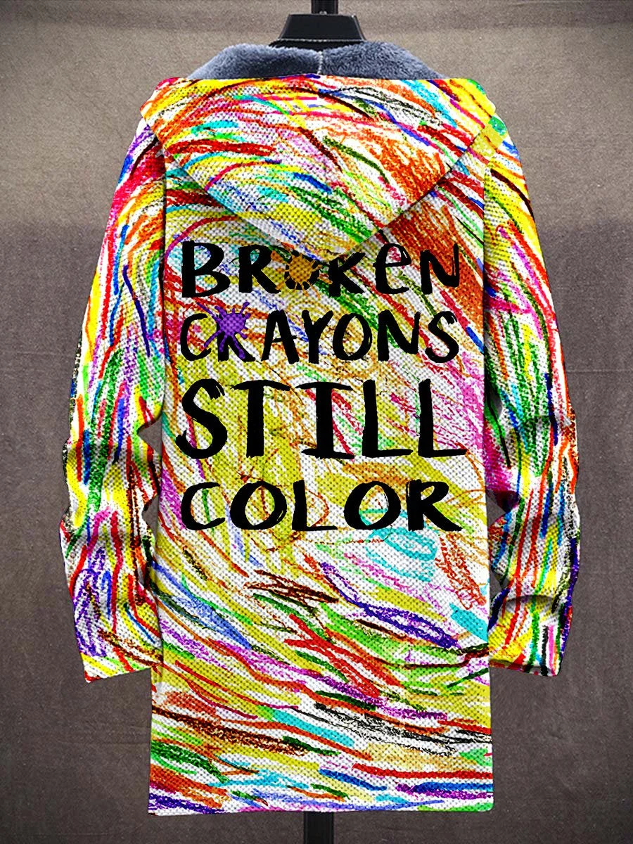 Broken Crayons Still Color Mental Health Motivational Print Unisex Plush Thick Long-Sleeved Sweater Coat Cardigan
