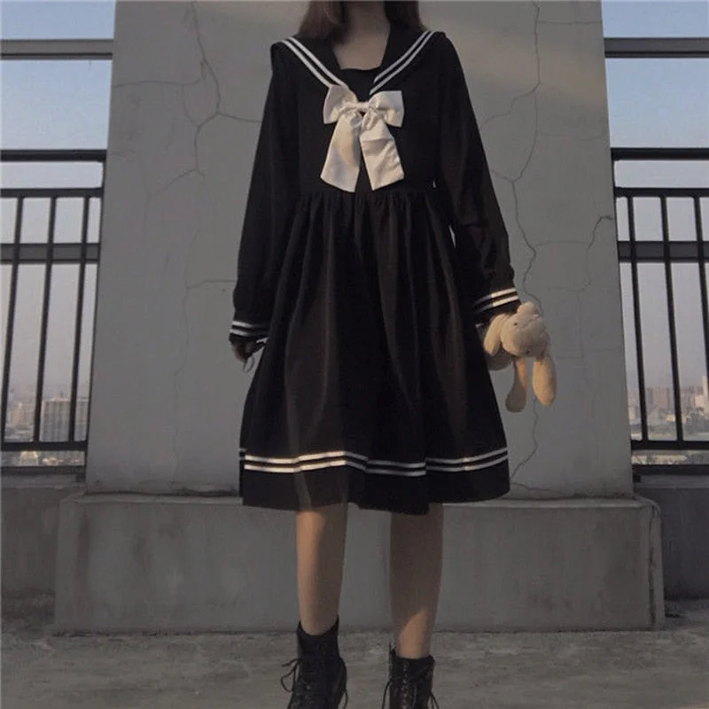 Japanese Lolita Kawaii Sweet Bowknot Robes Long-Sleeve Black Knee-Length Navy Preppy Party Women Summer Dress clothes dresses