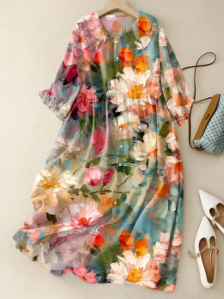 Women‘s Fresh Floral Art Print Peter Pan Collar Cotton Dress