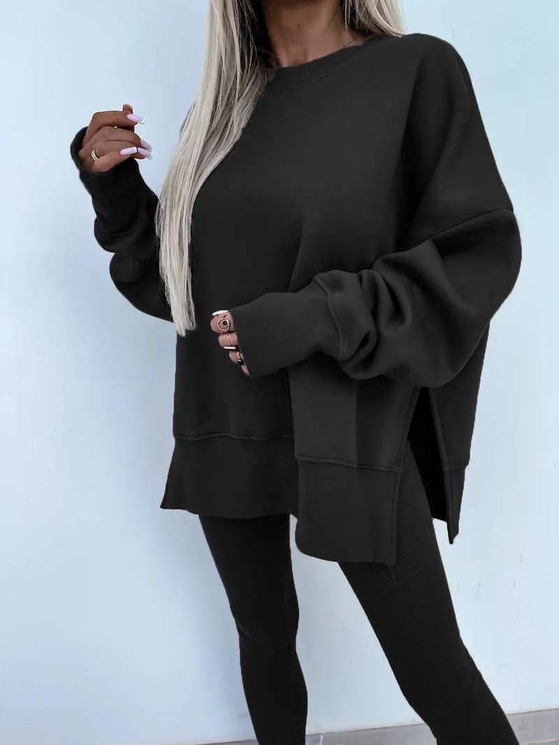 Oversize Two-Piece Set Women's Split Hem Sweatshirt & Skinny Pants, Casual Fashion Cozy Round Neck Long Sleeve Pullover Women's Clothing for Fall & Basic Winter Suits Womenswear Gamis