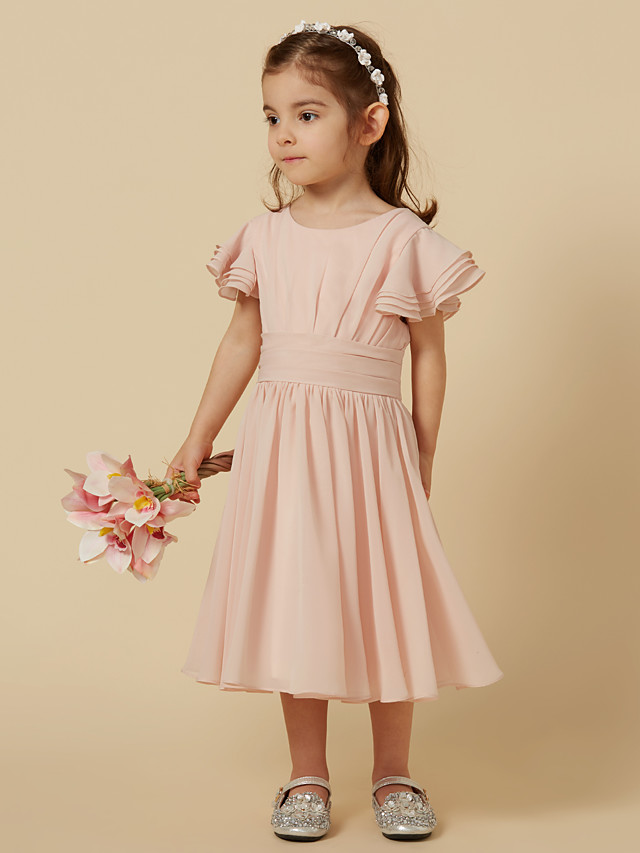 Daisda Short Sleeve Scoop A-Line Tea Length Flower Girl Dress With Sash 