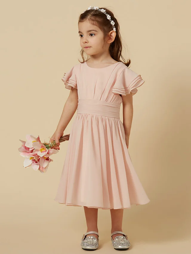 Daisda Short Sleeve Scoop A-Line Tea Length Flower Girl Dress With Sash 