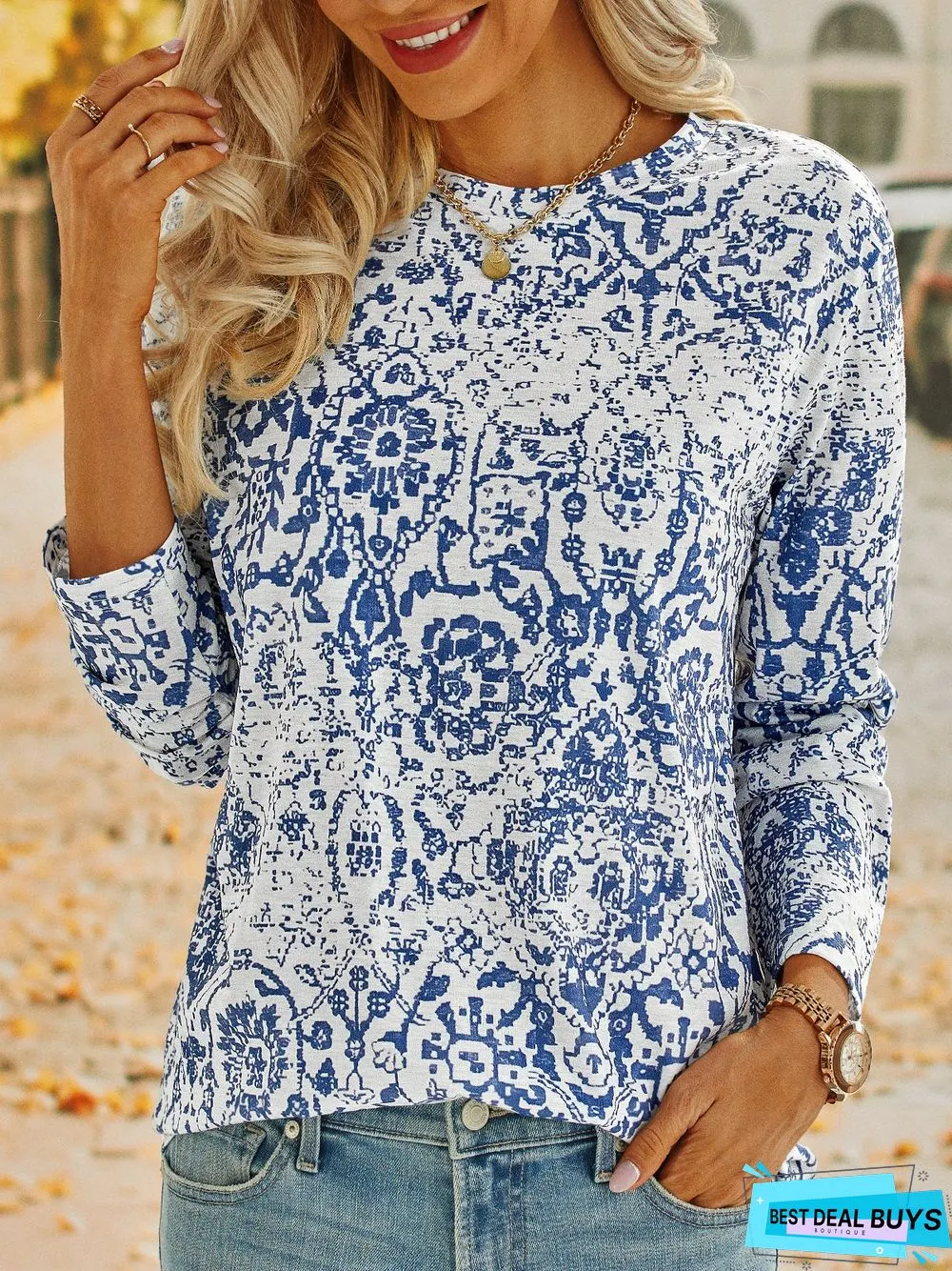 Ethnic Long Sleeve Crew Neck Casual T-Shirt
