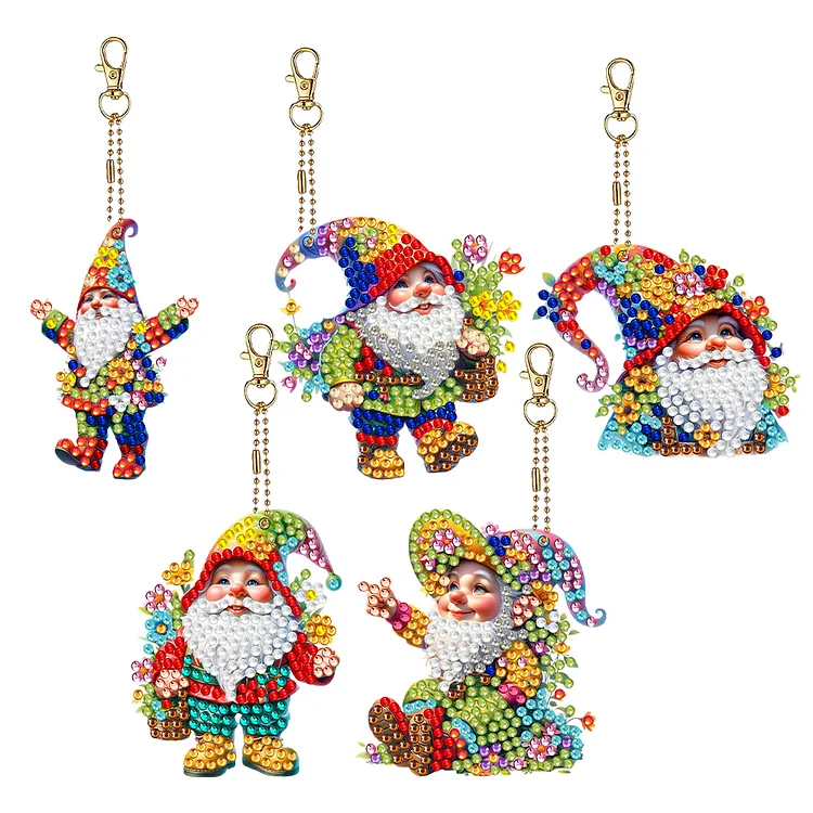 5 Pcs Garden Gnome Double Sided Diamond Painting Keychain for Beginners Adults