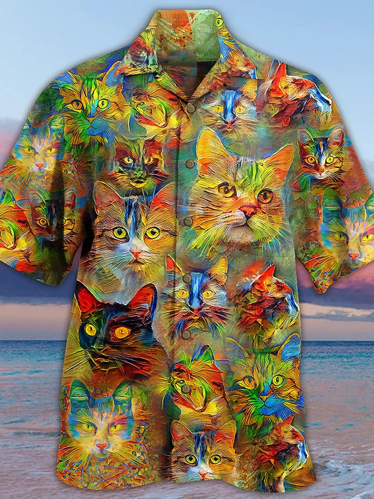 Eye-Catching Psychedelic Colorful Cat Oil Painting Printing Cuban Collar Hawaiian Short Sleeve Shirt