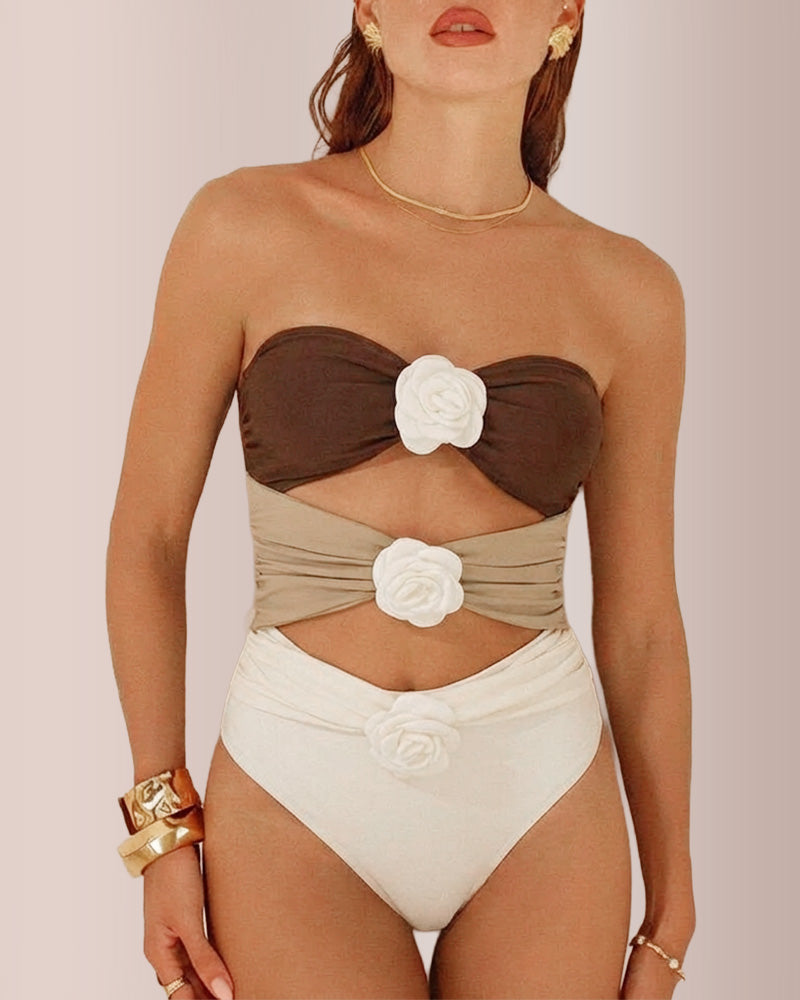 Curvvvy&reg;Tricolore Strapless Floral Appliqu&eacute; One-Piece Swimsuit