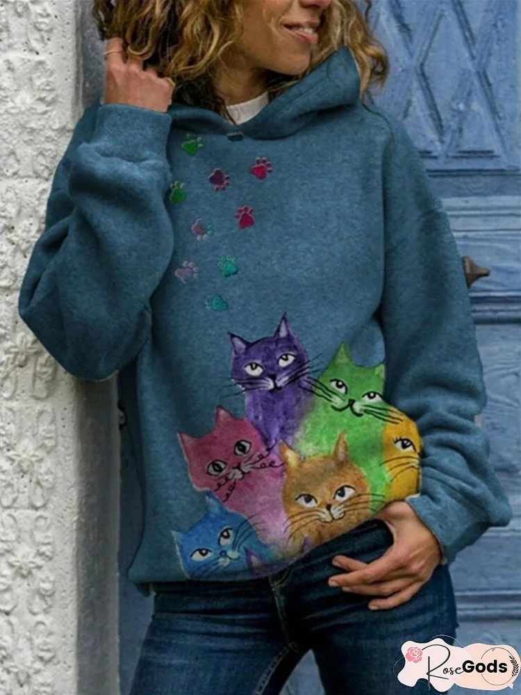 Cotton-Blend Long Sleeve Cat Printed Sweatshirts