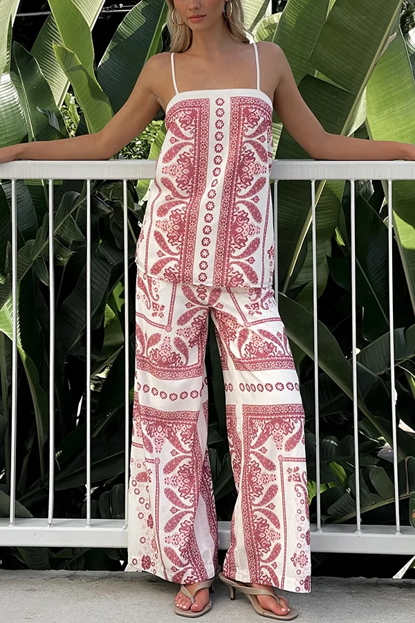 Unique Print Loose Casual Tank Top and Elastic Waist Wide Leg Straight Pants Set