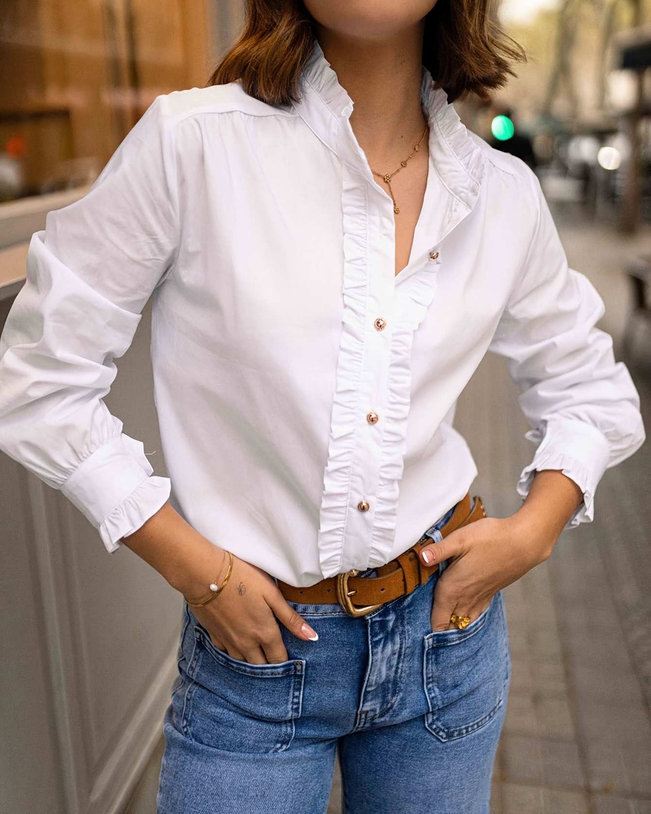 Ruffled Detail Stand Up Collar Long Sleeve Solid Color Shirt