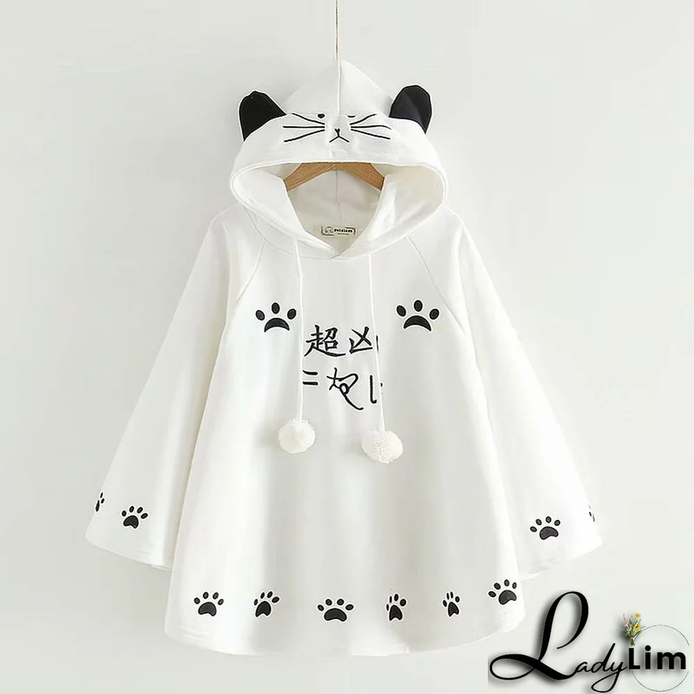 Cartoon Kitty Paw Print Plush Hooded Cloak Coat