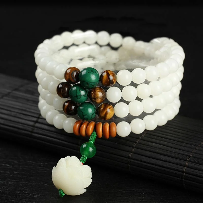 White Lotus Bodhi Seed Wealth Mala Bracelet Necklace