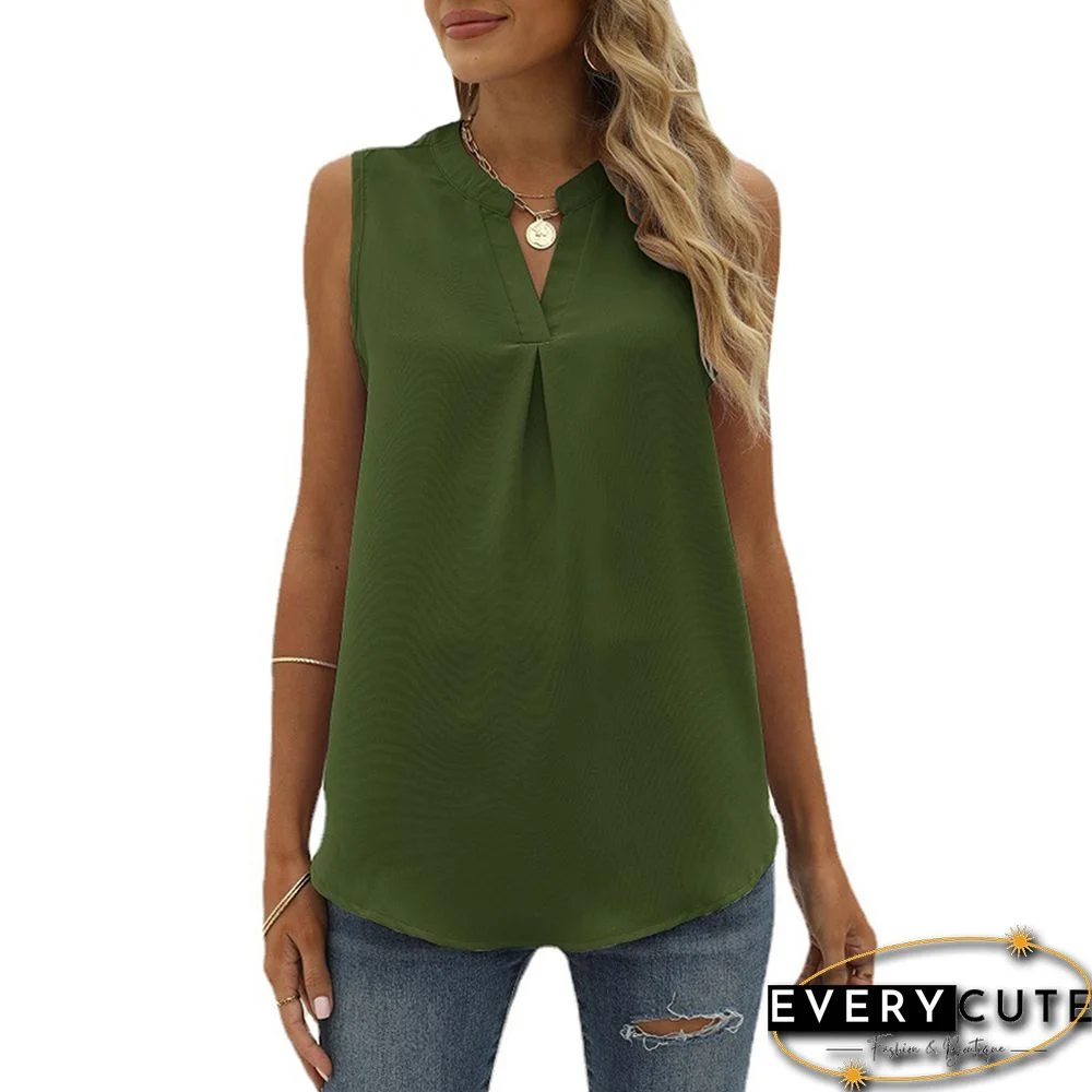 Dark Green V Neck Sleeveless Chiffon Tank Top