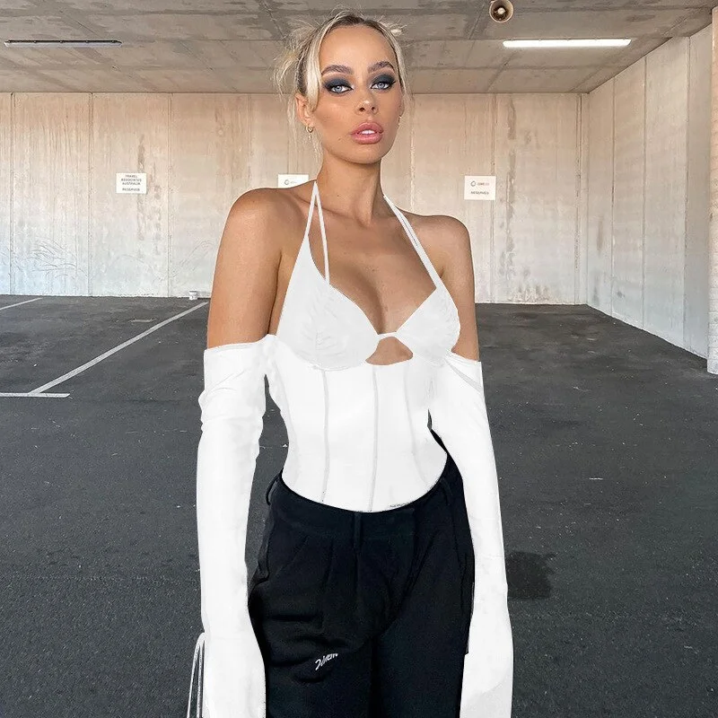 low cut mesh top women Halter autumn new club party black see-through Transparent long sleeve tee shirt female