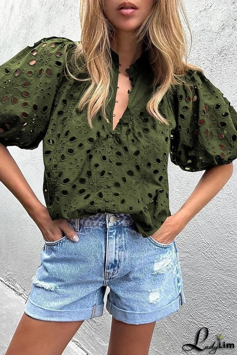 Casual Solid Hollowed Out Buckle Mandarin Collar Tops