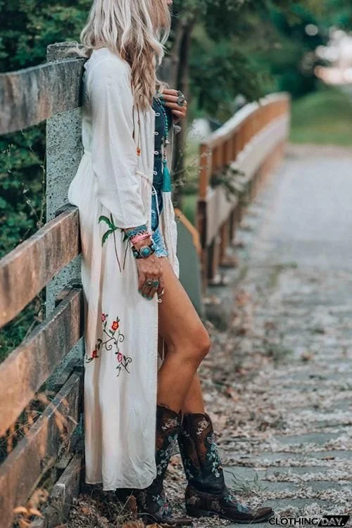 Embroidery Button Long Cardigan