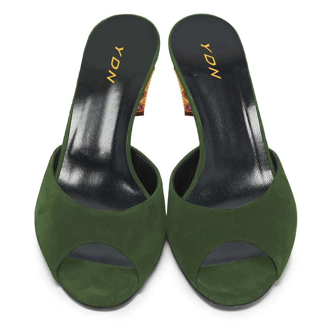 Vegan Suede Peep Toe Rhinestone Decorative Heel Slide Sandals in Green