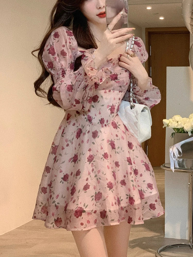 Aiertu Summer Sweet Elegant Short Party Dress Korean Fashion Floral Mini Dress Beach Long Sleeve Casual Vintage Dress Woman Chic Aiertu