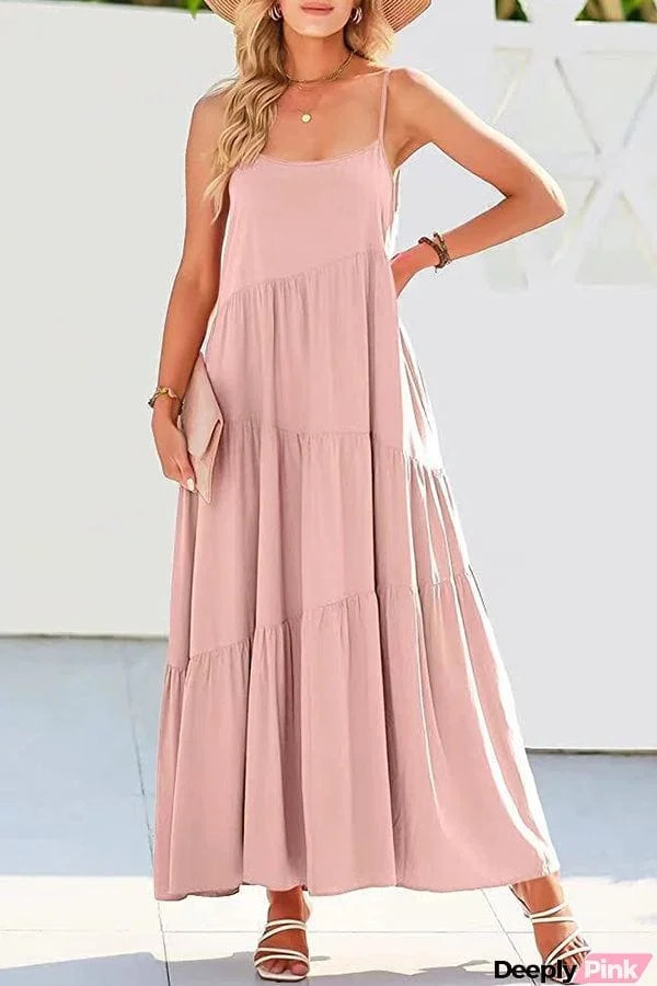 Loose solid color pleated irregular dress beach suspender dress