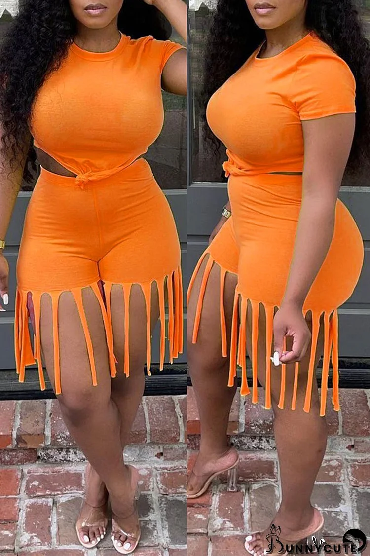 Orange Fashion Casual Solid Tassel O Neck Short Sleeve Two Pieces