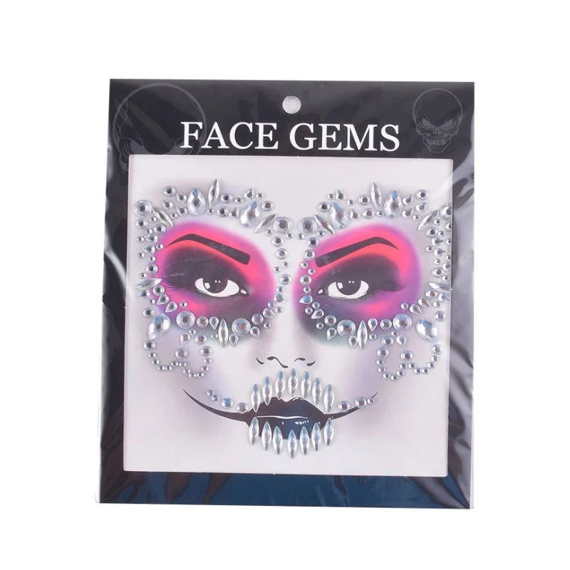 3D Gem Face Sticker Ghost Skull Face with Diamond Decoration Fashion Sexy Face Stickers Prom Holiday Party Face Decoration