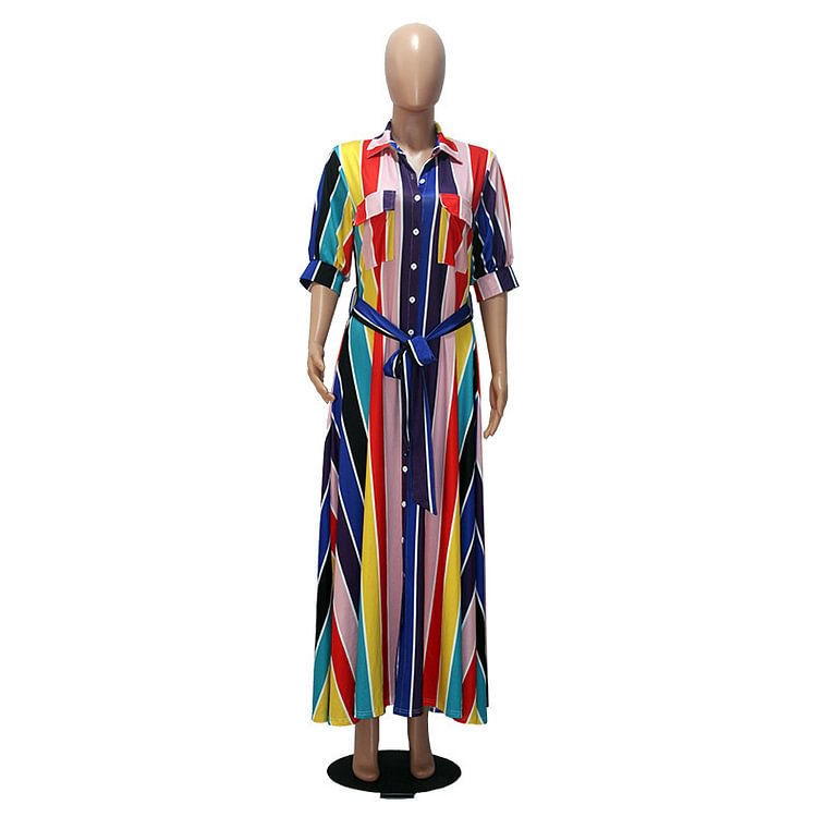 Women's Rainbow Dress Lapel Wide Lace Up Color Printed Medium Sleeve Dress