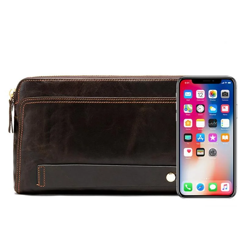Mens Business Plain Leather Zipper Clutch Bags