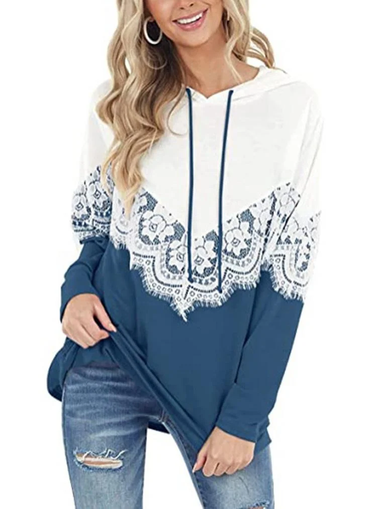 Women's Scoop Neck Long Sleeve Lace Color Matching Hooded Sweater Top